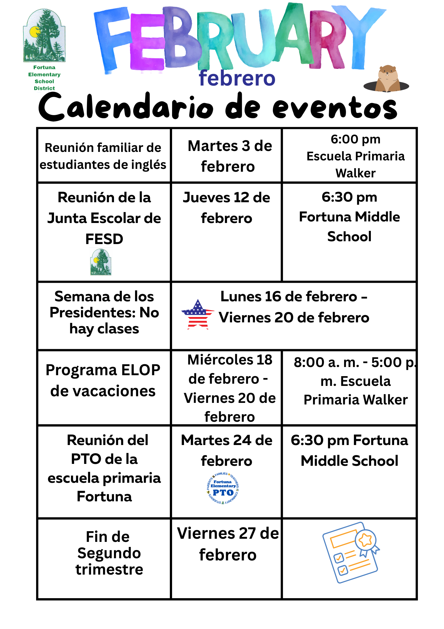 February event calendar for Fortuna Elementary School District with various meetings and school breaks.
