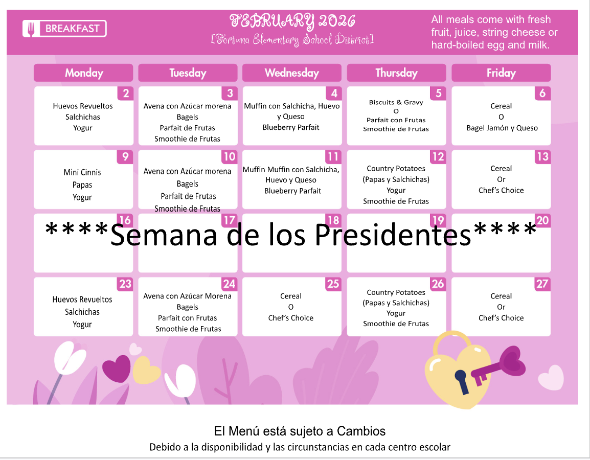 February 2026 breakfast menu for Fortuna Elementary School District, listing daily meal options.