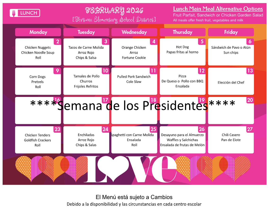February 2026 lunch menu for Fortuna Elementary School District with daily meal options.