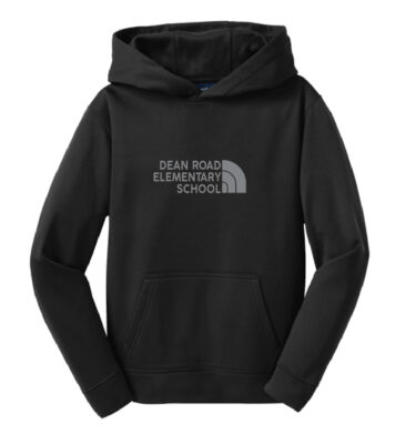 A black hooded sweatshirt with the text 'DEAN ROAD ELEMENTARY SCHOOL' printed in gray.