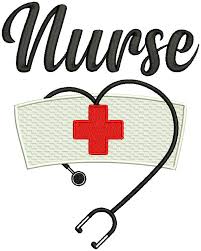 A nurse's cap with a red cross and a stethoscope forming a heart shape.