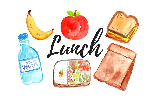 A watercolor illustration of a healthy lunch spread including a sandwich, bento box, banana, apple, and water bottle.