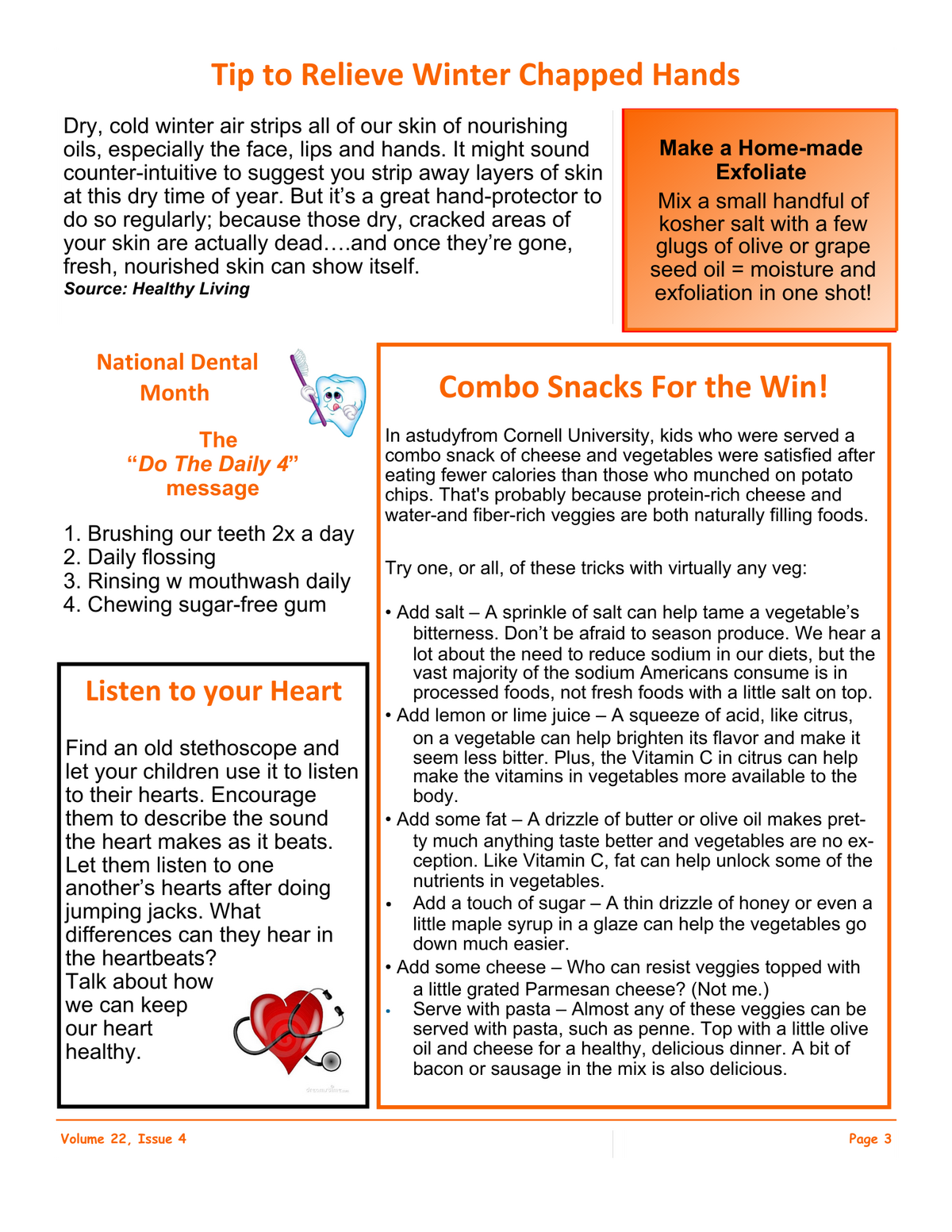Page 3 of a health and wellness publication featuring tips on winter skin care, dental hygiene, heart health, and healthy snacks.