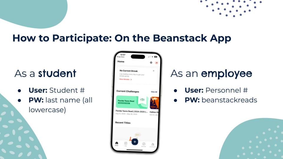 Instructions for participating in the Beanstack App, detailing login credentials for students and employees.