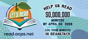 A graphic promotes the 'Let's Read OCPS' initiative, encouraging readers to log minutes on Beanstack by April 30, 2026.