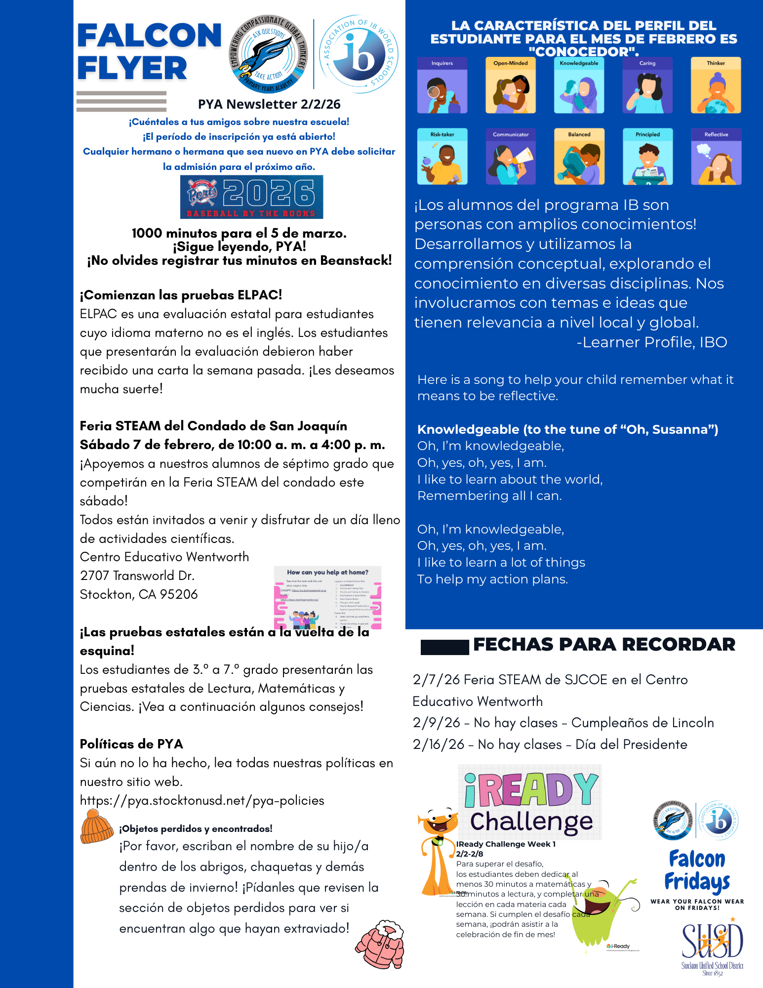 A flyer for PYA Newsletter dated 2/2/26, announcing school enrollment, reading minutes, ELPAC testing, and a STEAM Fair.