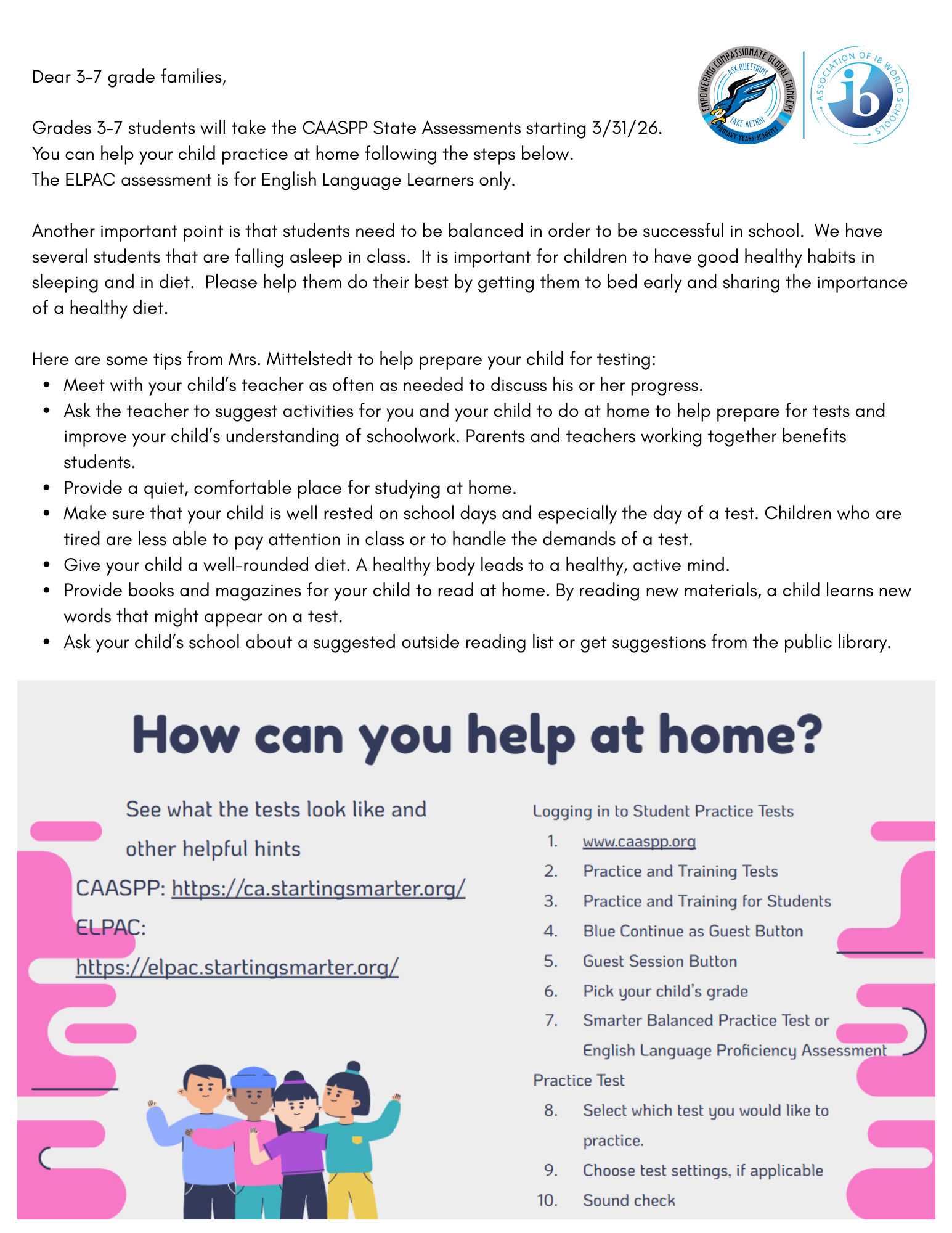 A document provides guidance for families on how to help 3rd-7th grade students prepare for CAASPP and ELPAC assessments.