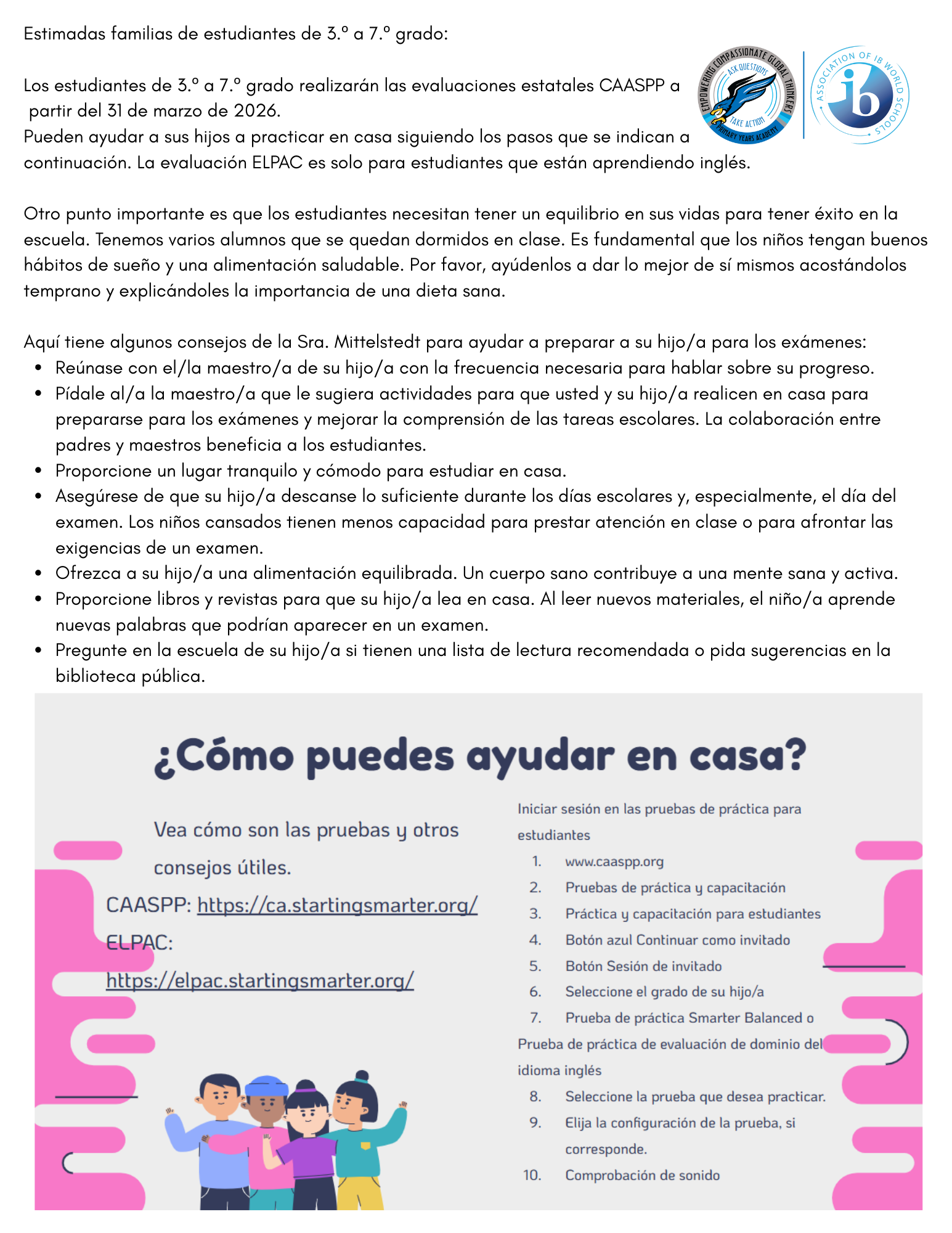 Document providing guidance for parents on helping students in grades 3-7 prepare for CAASPP and ELPAC exams, with links and tips.