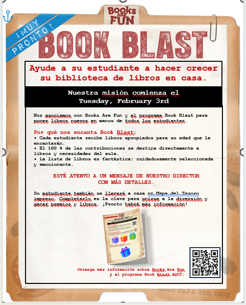 A flyer announces 'Book Blast' with the tagline 'Help your student grow their home library'.