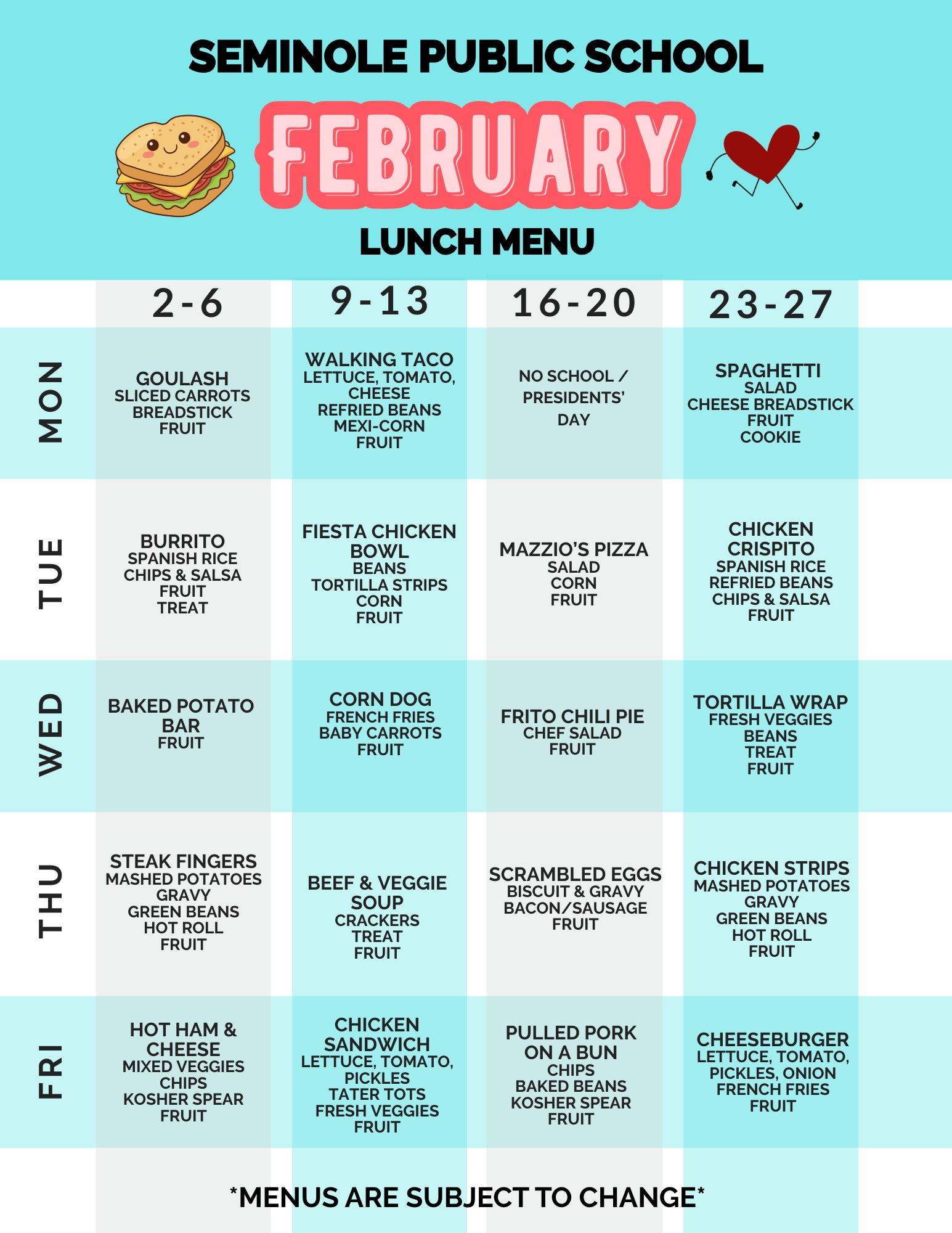 FEBRUARY LUNCH MENU