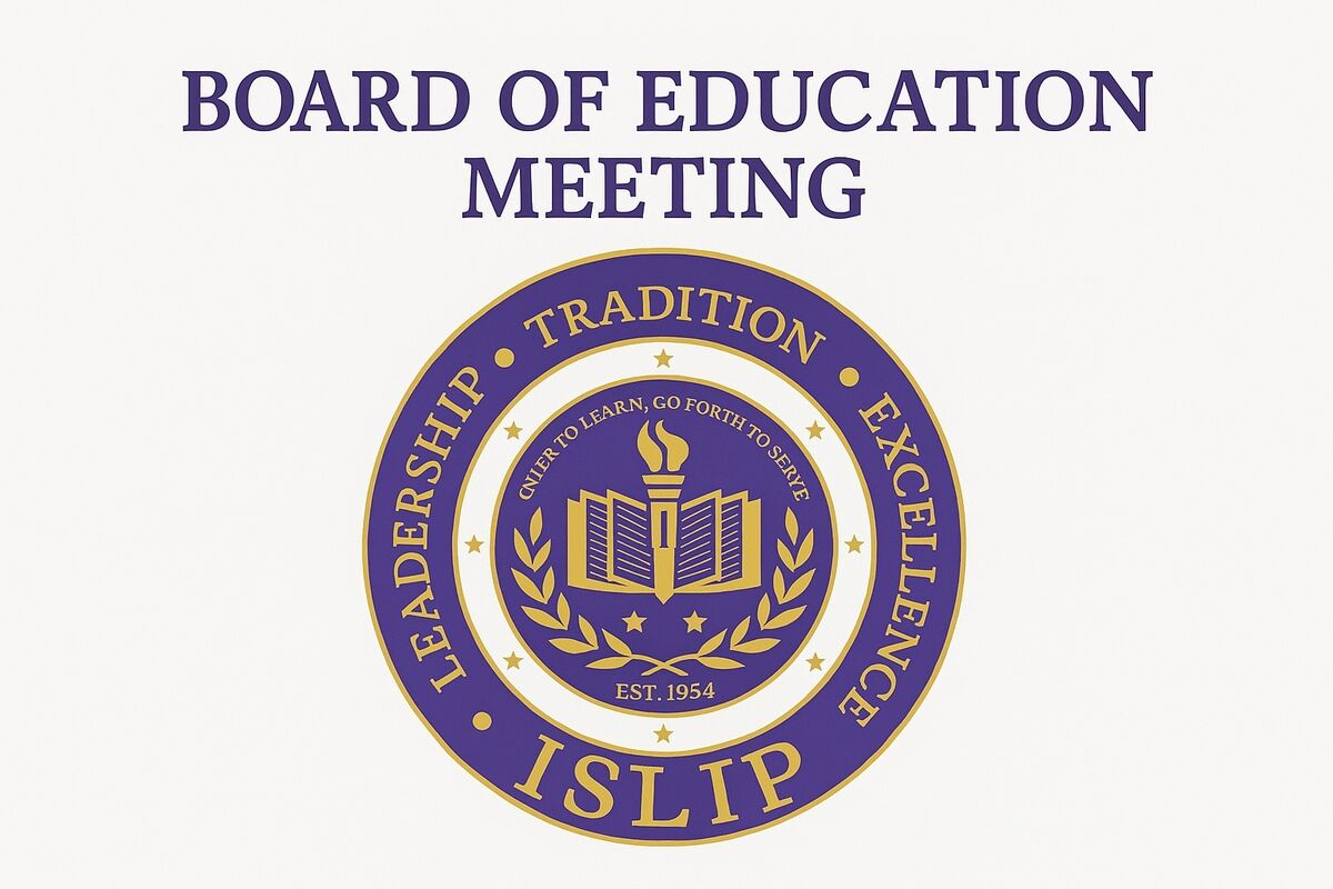 Islip Public Schools circular logo announcing a Board of Education meeting