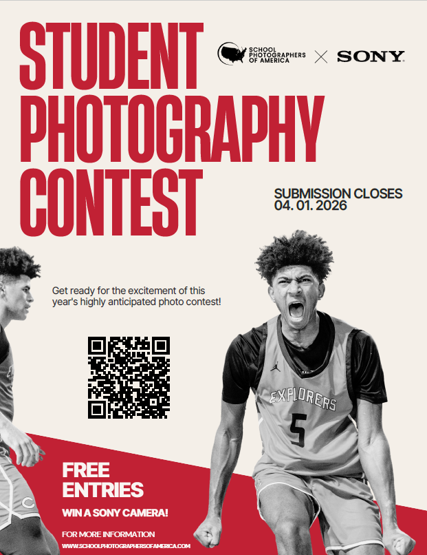 Poster for the Student Photography Contest, featuring two basketball players and contest details.