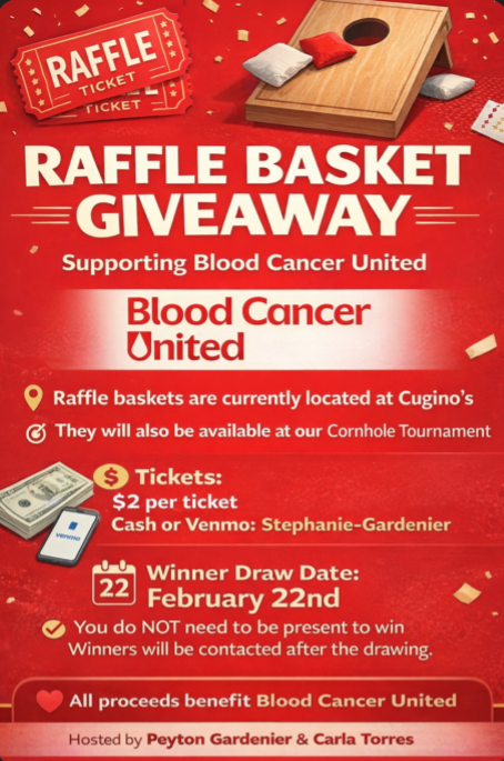 Raffle basket giveaway poster supporting Blood Cancer United, featuring raffle tickets and a cornhole board.
