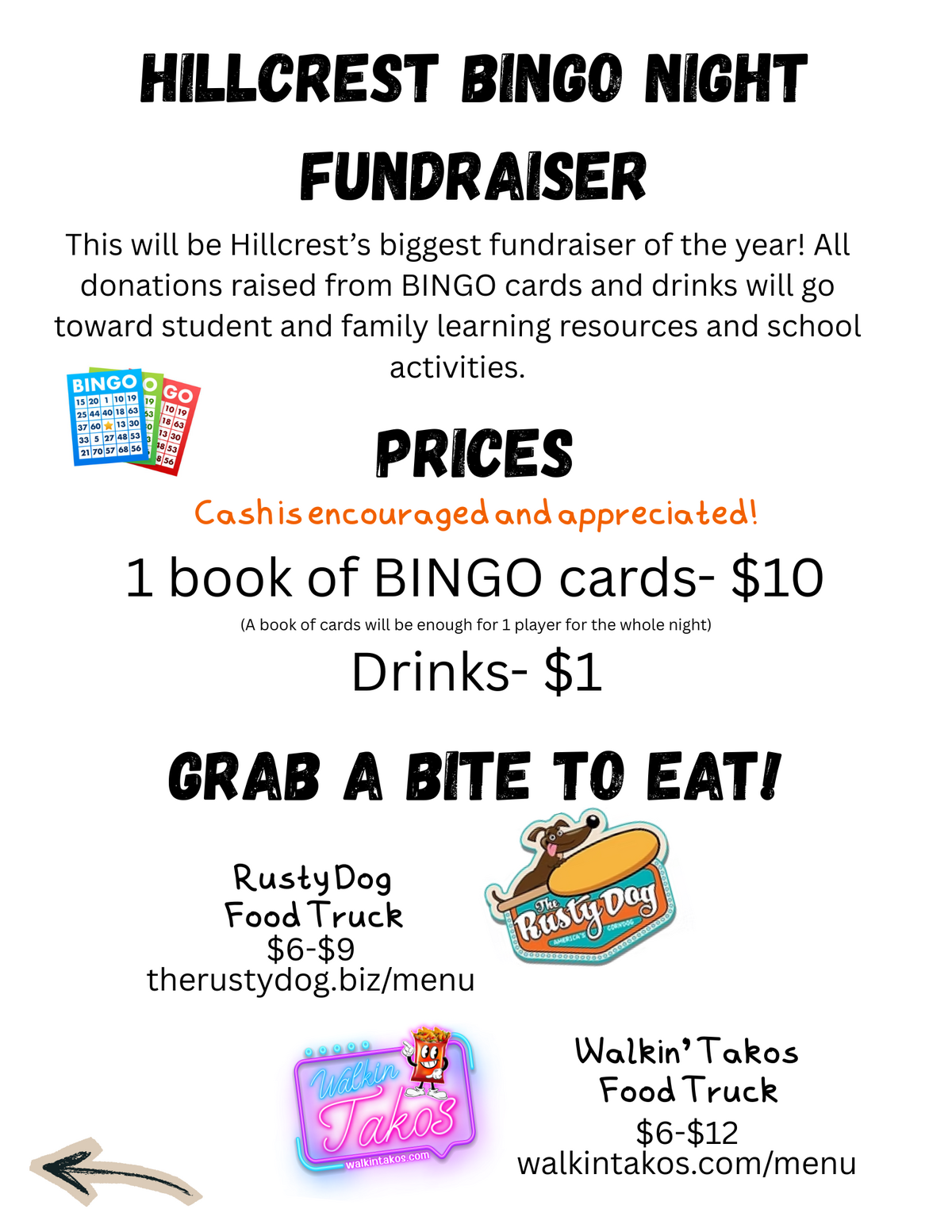Poster for Hillcrest Bingo Night Fundraiser with prices for bingo cards and drinks.