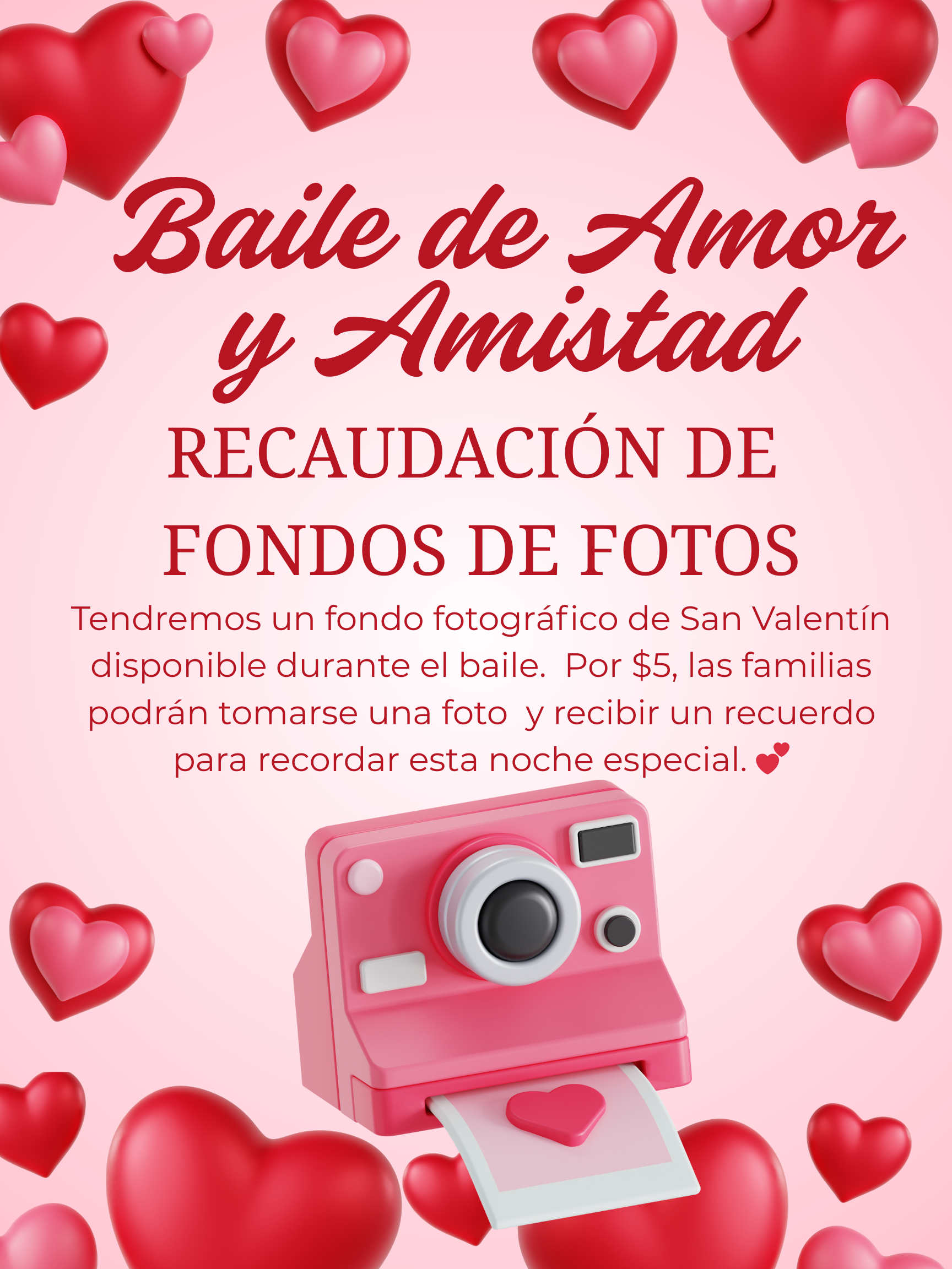 A pink instant camera prints a photo with a heart, surrounded by red and pink hearts, advertising a Valentine's Day dance fundraiser.