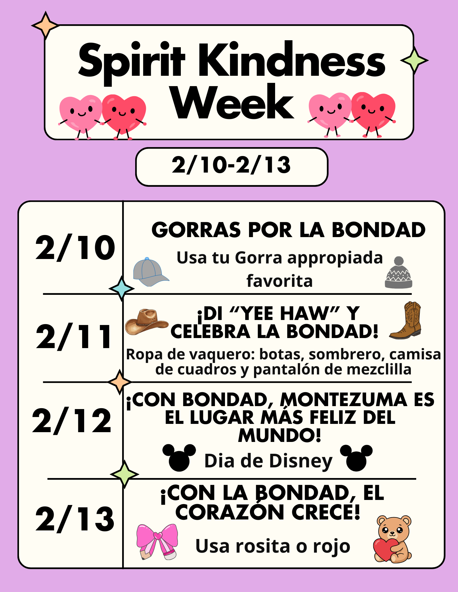 A colorful graphic announces 'Spirit Kindness Week' from 2/10-2/13 with daily themes.