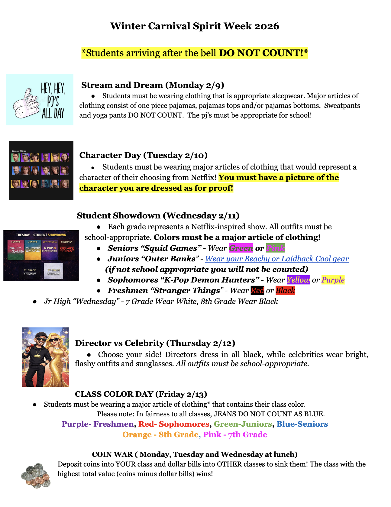 A flyer outlines the "Winter Carnival Spirit Week 2026" with daily themes and dress code instructions.
