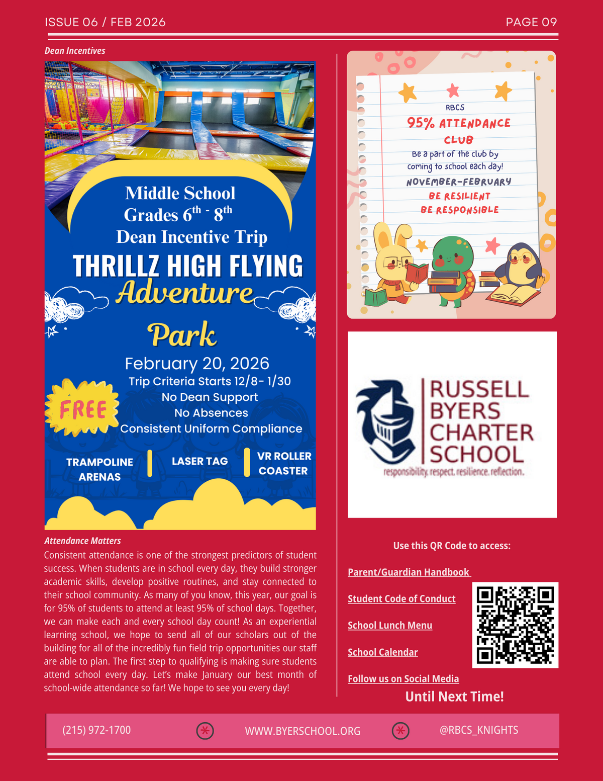 A flyer announces a "Thrillz High Flying Adventure Park" Dean Incentive Trip for middle school grades 6th-8th on February 20, 2026, featuring trampolines, laser tag, and VR roller coasters.
