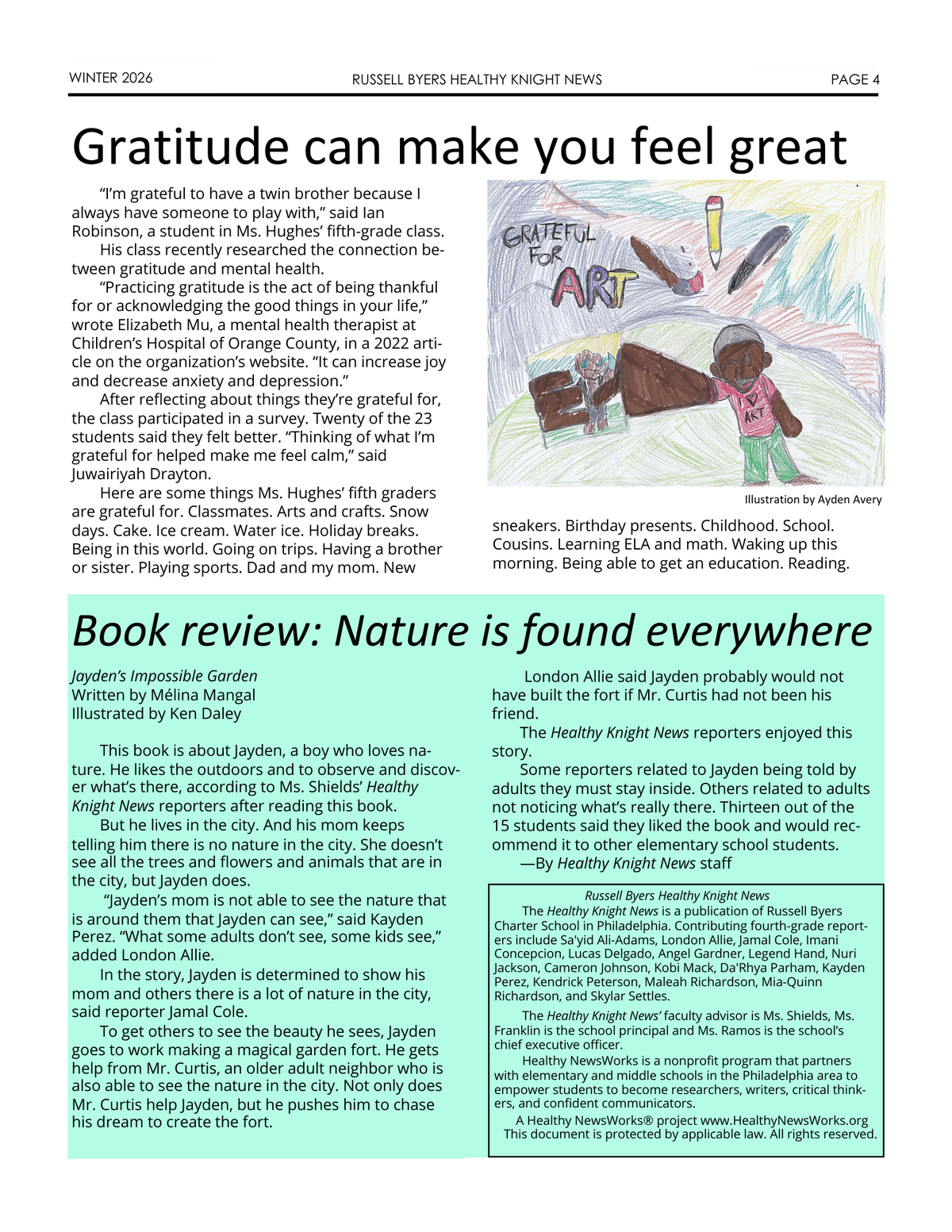 A colorful child's drawing depicts the words 'GRATEFUL FOR ART' with art supplies and a smiling figure.