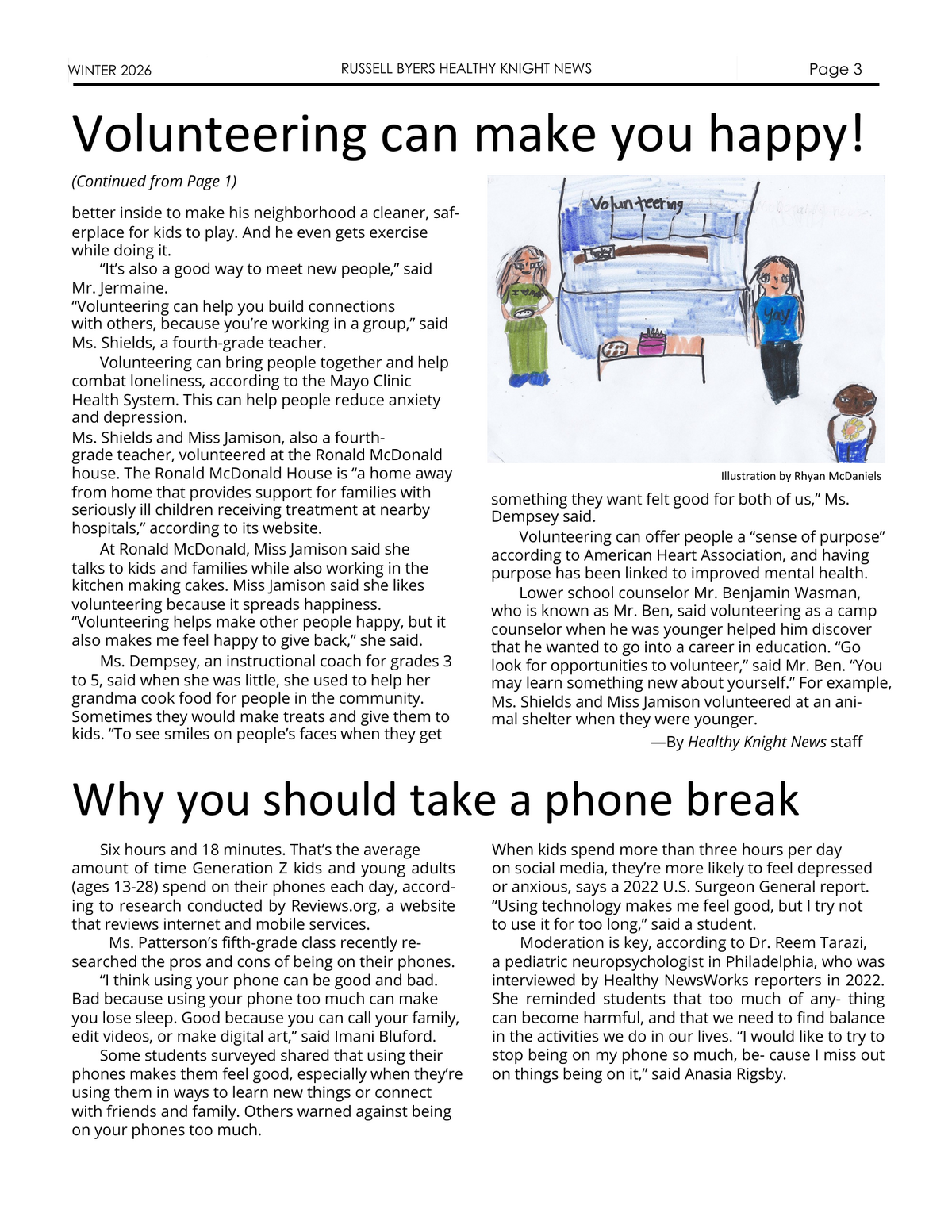 A colorful drawing depicts children volunteering at a stand labeled 'Volunteering,' with cakes and a sign that says 'I love my mom.'