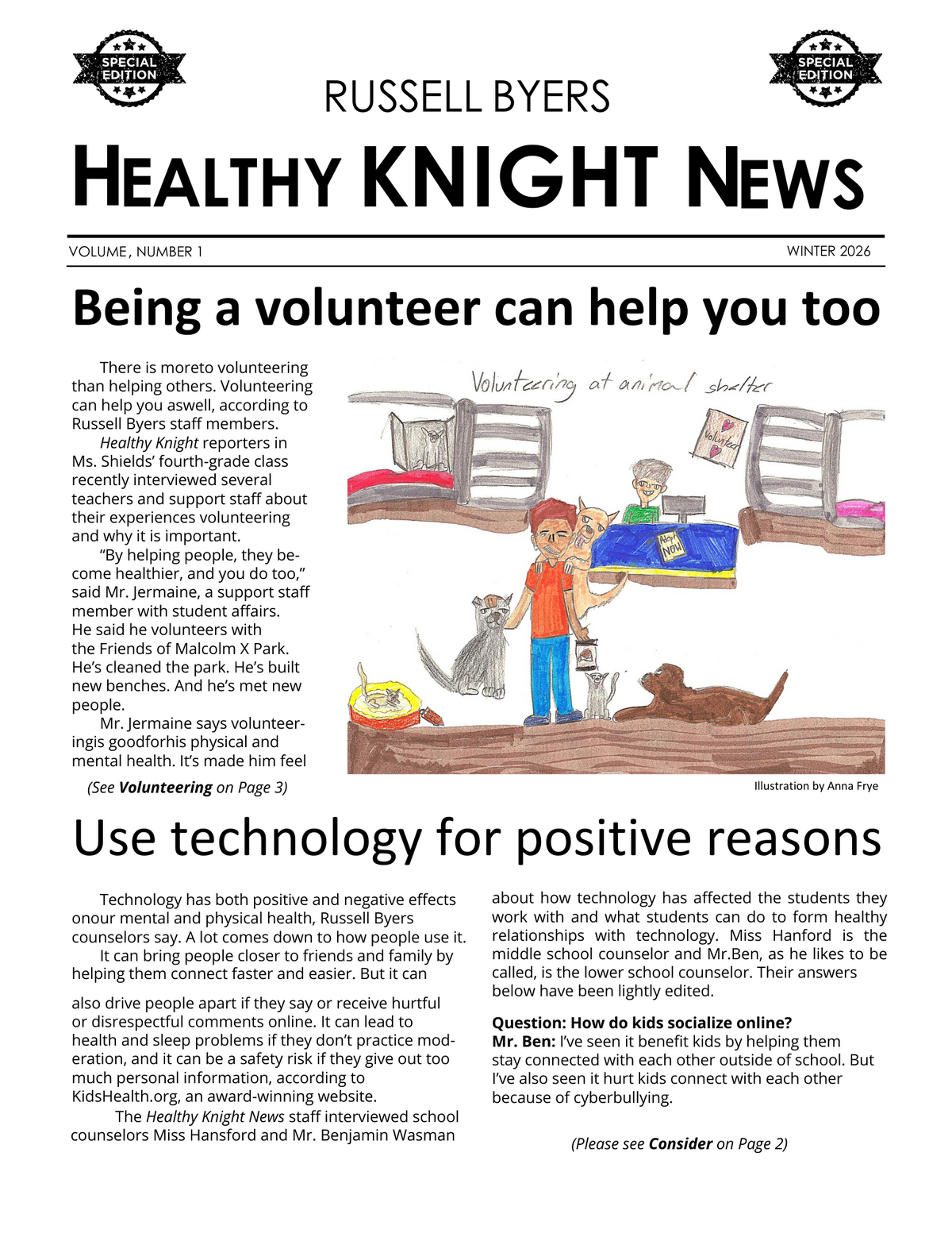 Illustration depicting people volunteering at an animal shelter with cats and dogs.