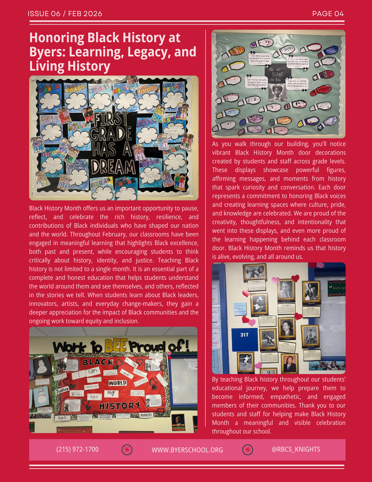 A bulletin board displays student artwork and quotes for Black History Month, with the title 'First Grade Has a Dream'.