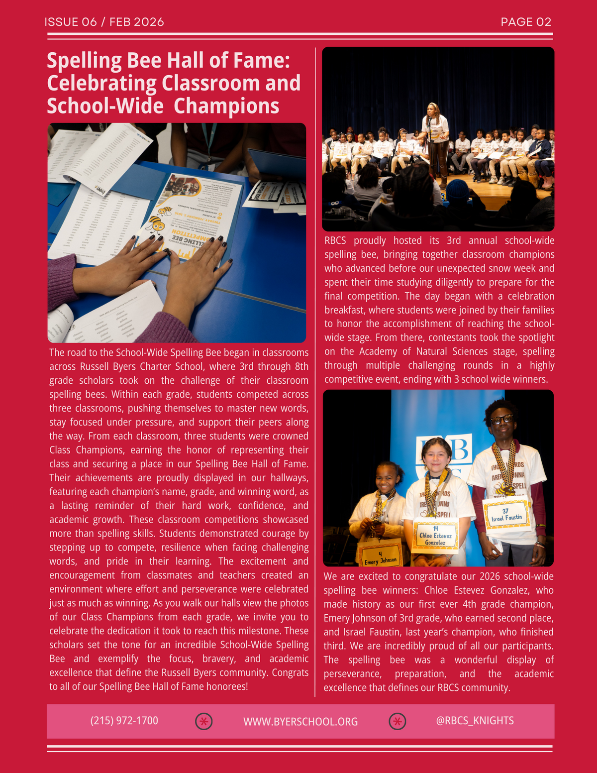 A group of students stand on a stage, with one student speaking into a microphone, while other students sit in the audience.