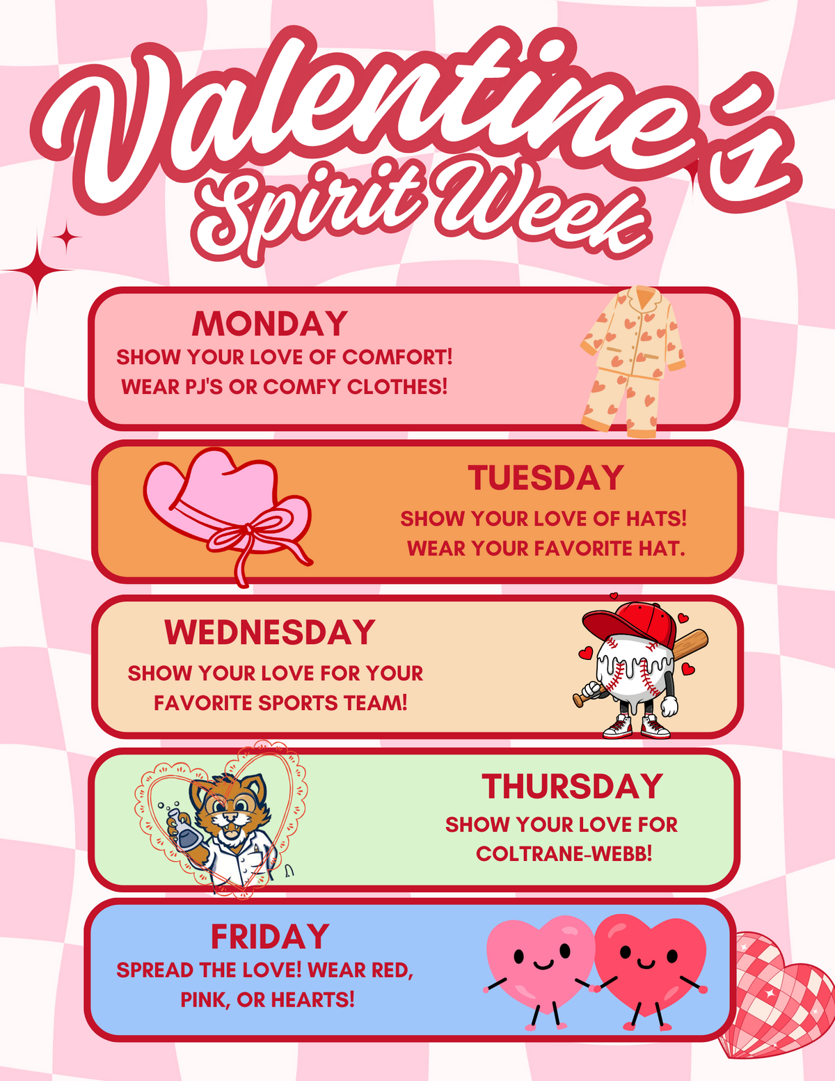 Valentine's Spirit Week schedule with daily themes and illustrations.