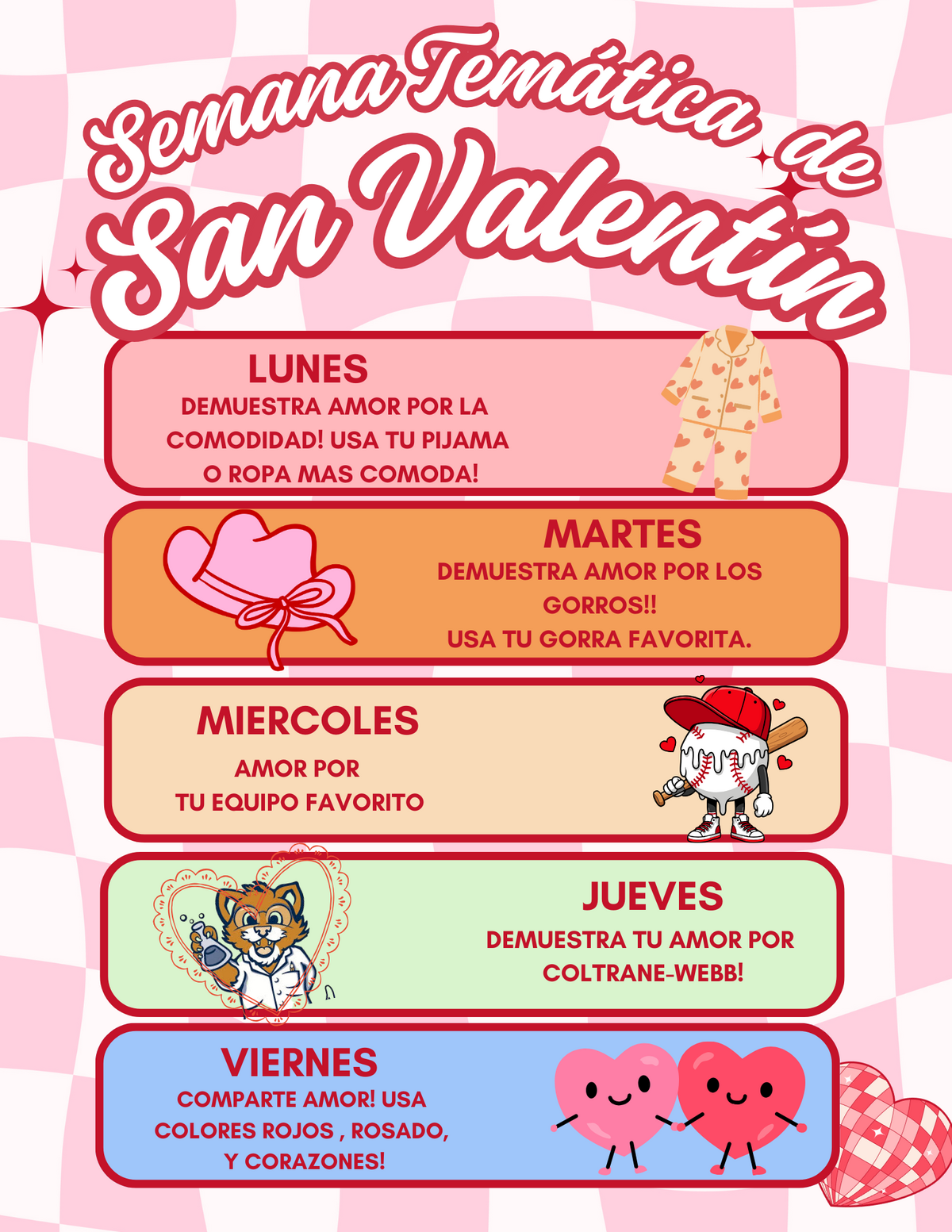 Una imagen de un folleto que detalla cada uno de los temas de la Semana del Espíritu del Día de San Valentín.
