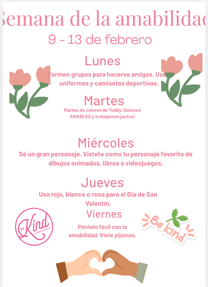 A graphic displays a 'Week of Kindness' schedule from February 9-13, with daily themes and activities.