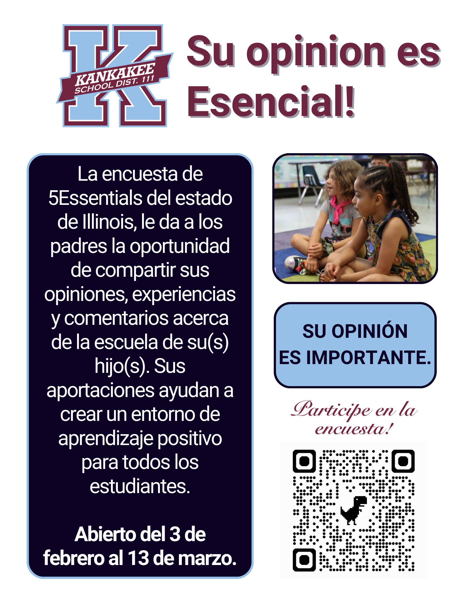 Kankakee School District 111 logo with text 'Su opinion es Esencial!' and information about the 5Essentials survey.