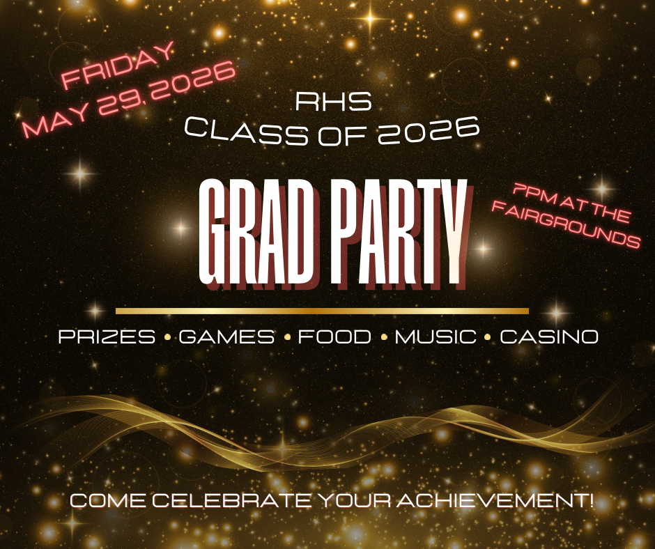 RHS Class of 2026 Grad Party invitation with event details and date.