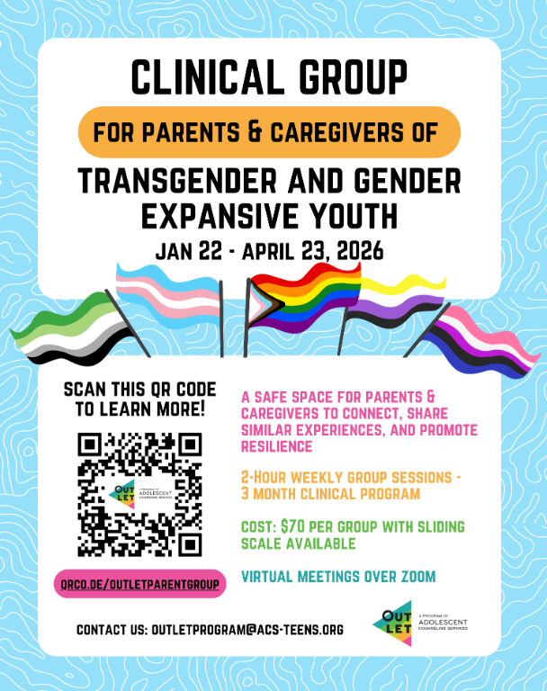 Poster for a clinical group for parents and caregivers of transgender and gender expansive youth, Jan 22 - April 23, 2026.