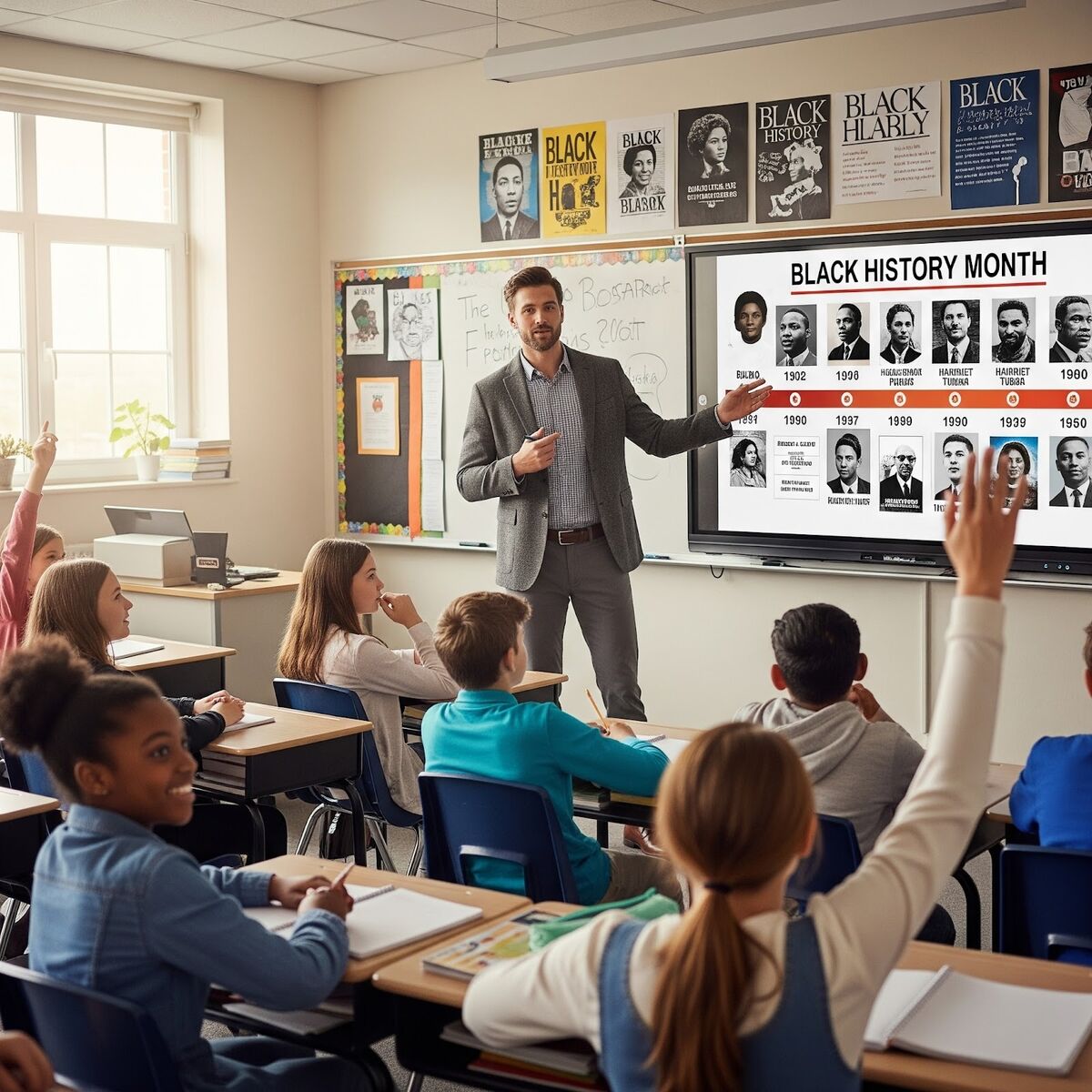 A teacher presents a timeline of Black history figures on a digital screen to attentive students in a classroom.
