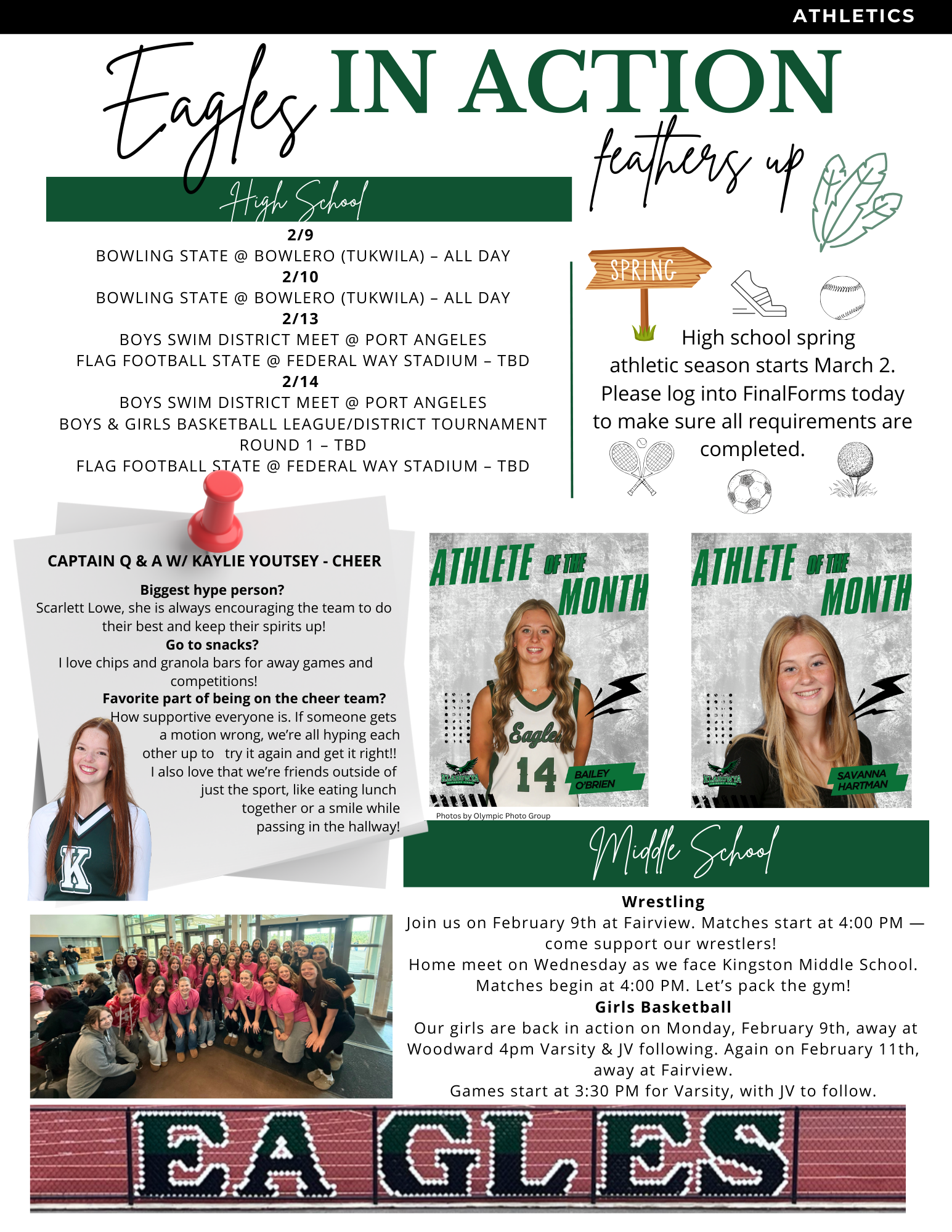 A flyer for Eagles Athletics, featuring upcoming high school and middle school sports events and athlete spotlights.