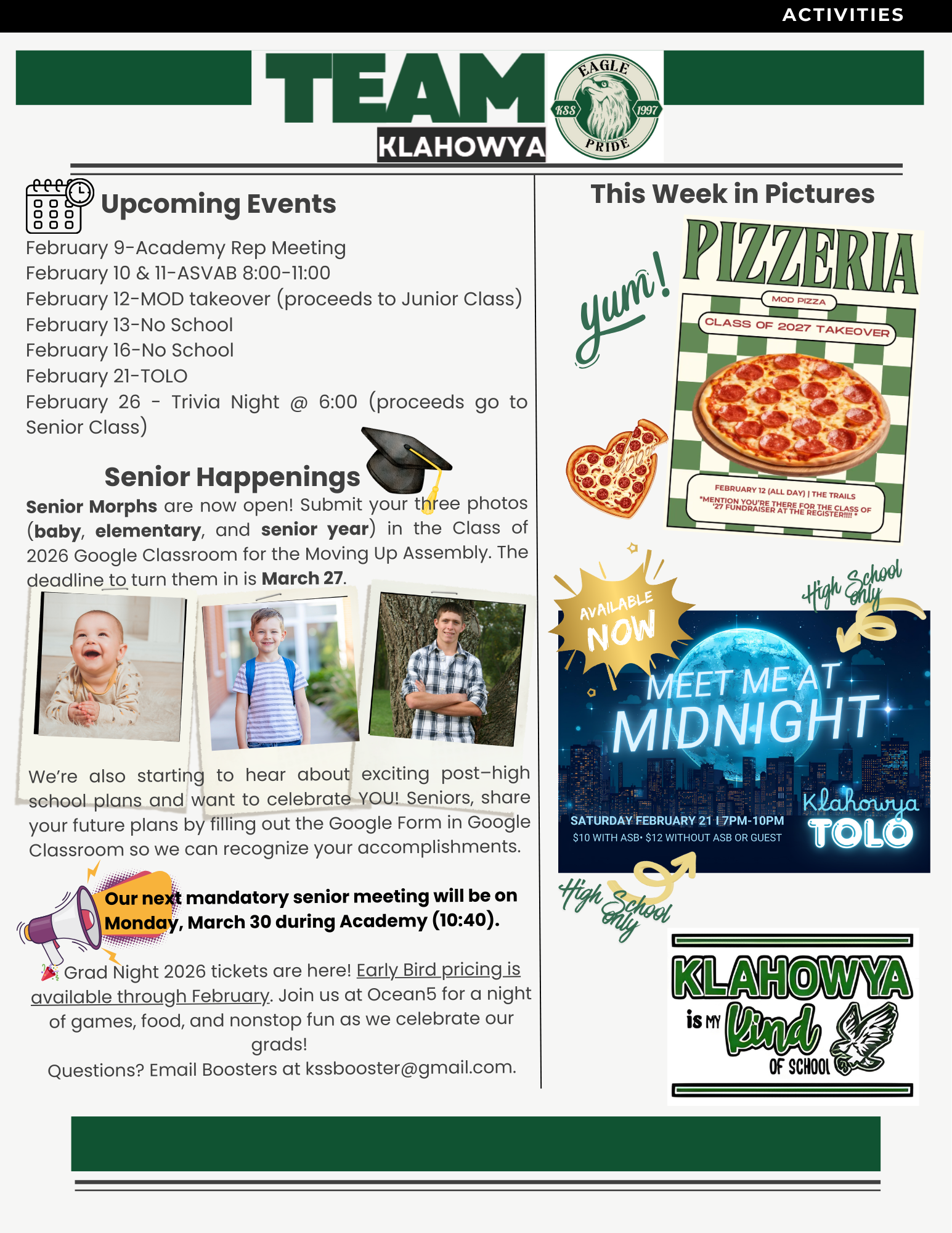 A newsletter page with sections for upcoming events, senior happenings, and "This Week in Pictures" featuring pizza and a "Meet Me at Midnight" event.