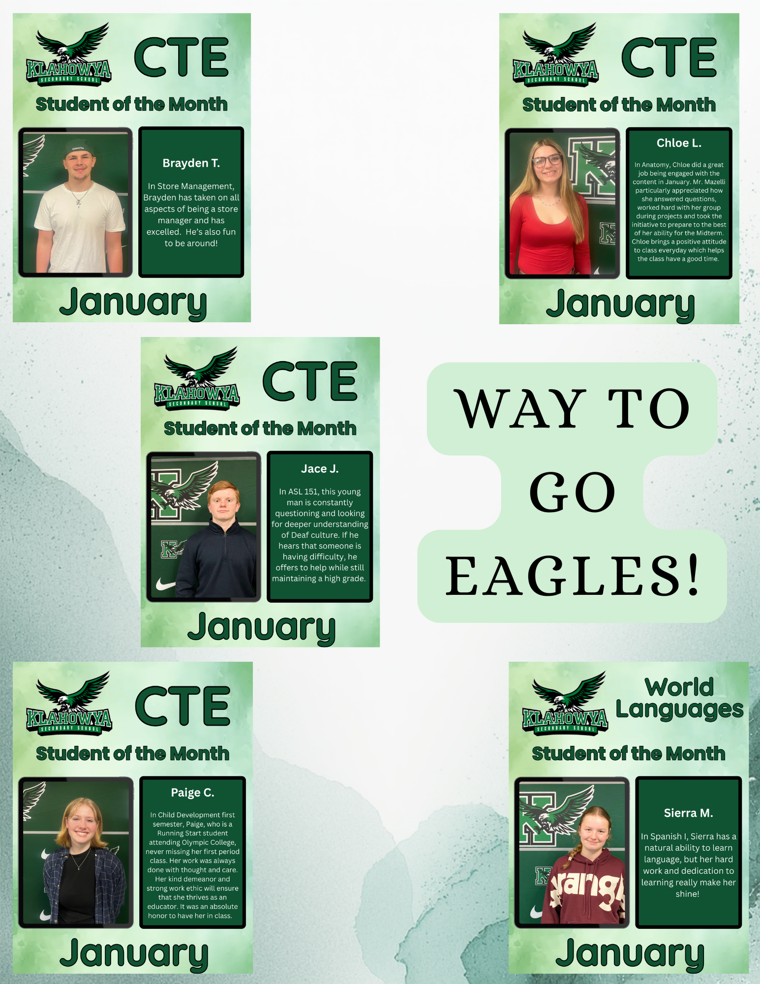 Klahowya Secondary School CTE Students of the Month for January: Brayden T., Chloe L., Jace J., Paige C., and Sierra M.