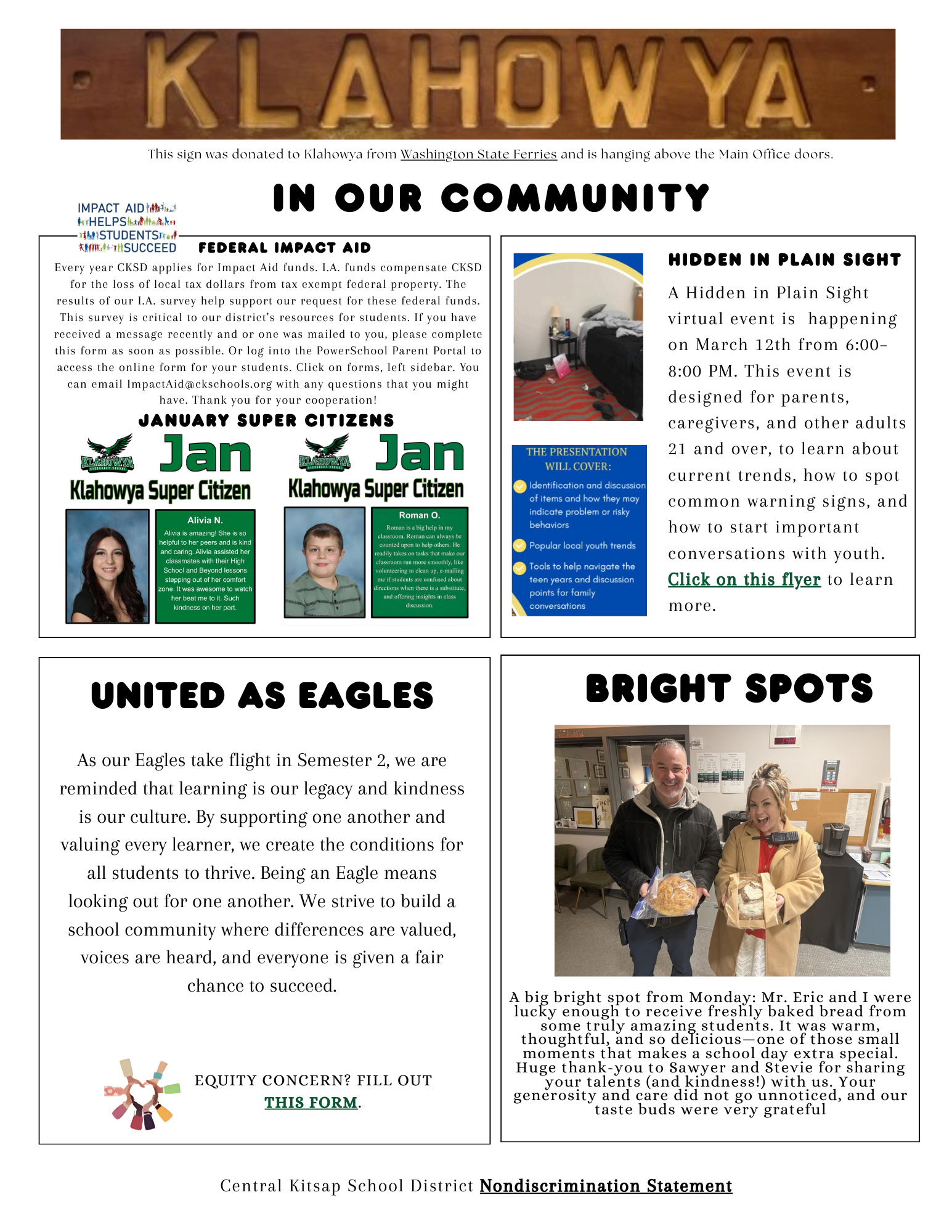 A newsletter from Central Kitsap School District features articles on Federal Impact Aid, January Super Citizens Alivia N. and Roman O., a 'Hidden in Plain Sight' virtual event, 'United as Eagles' message, and 'Bright Spots' with Mr. Eric and a colleague.