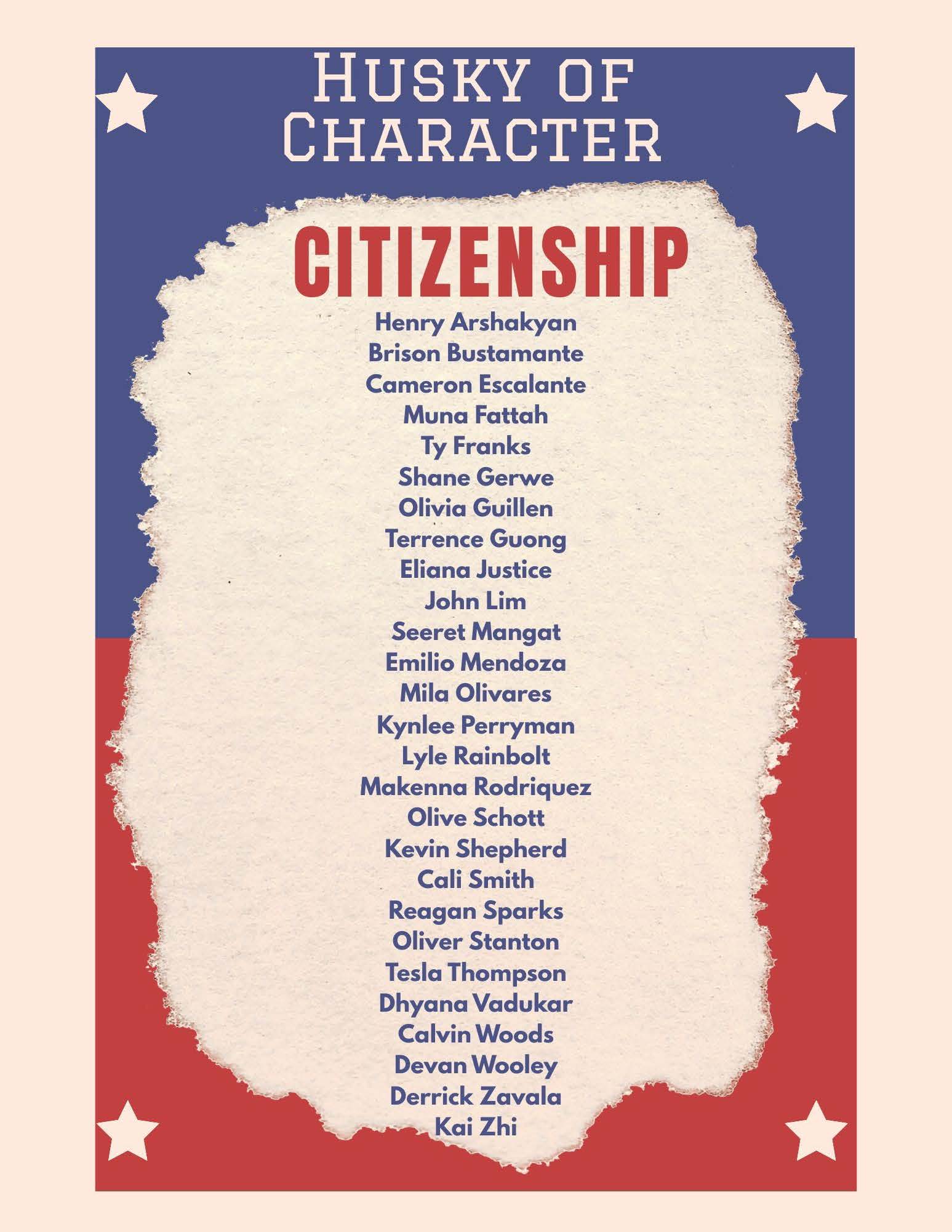 A poster announces 'Husky of Character Citizenship' with a list of names.