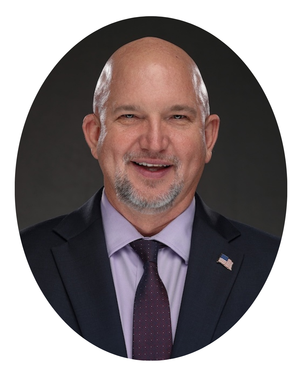 A smiling, bald man with a goatee wears a dark suit, a light purple shirt, and a patterned tie.