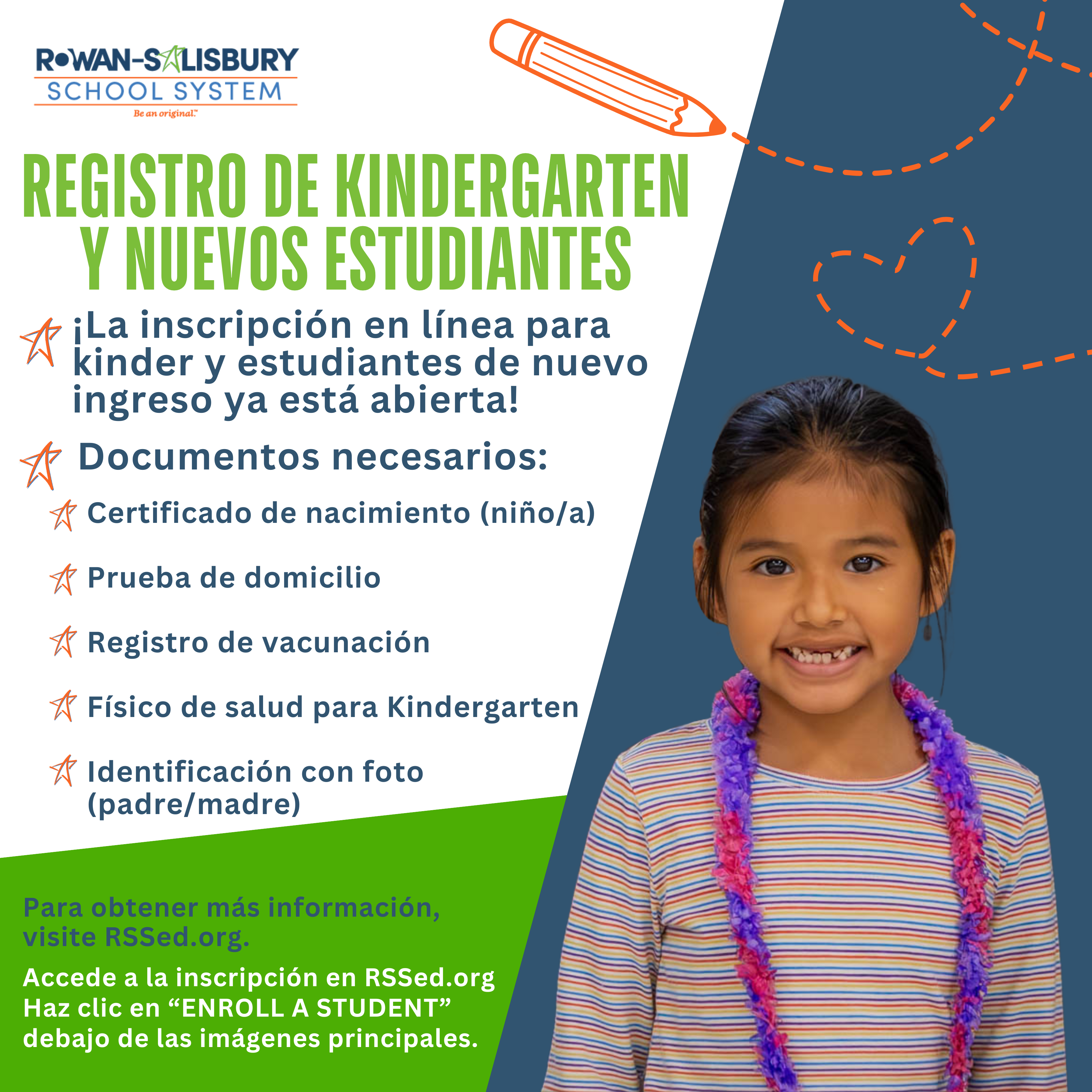 Rowan-Salisbury School System announces kindergarten and new student registration is open, with a smiling child featured.