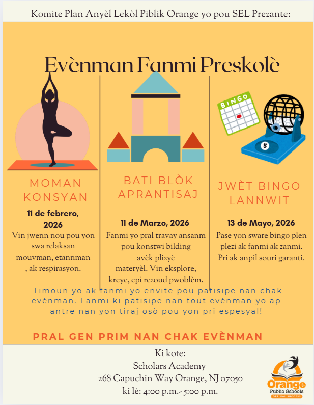 Poster announcing three preschool family events: Mindful Mom, Building Blocks, and Bingo Night, with dates and descriptions in Haitian Creole.