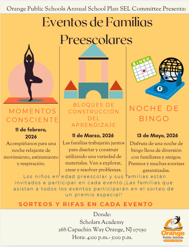 Poster for Orange Public Schools' 'Family Events for Preschoolers' featuring yoga, building blocks, and bingo.