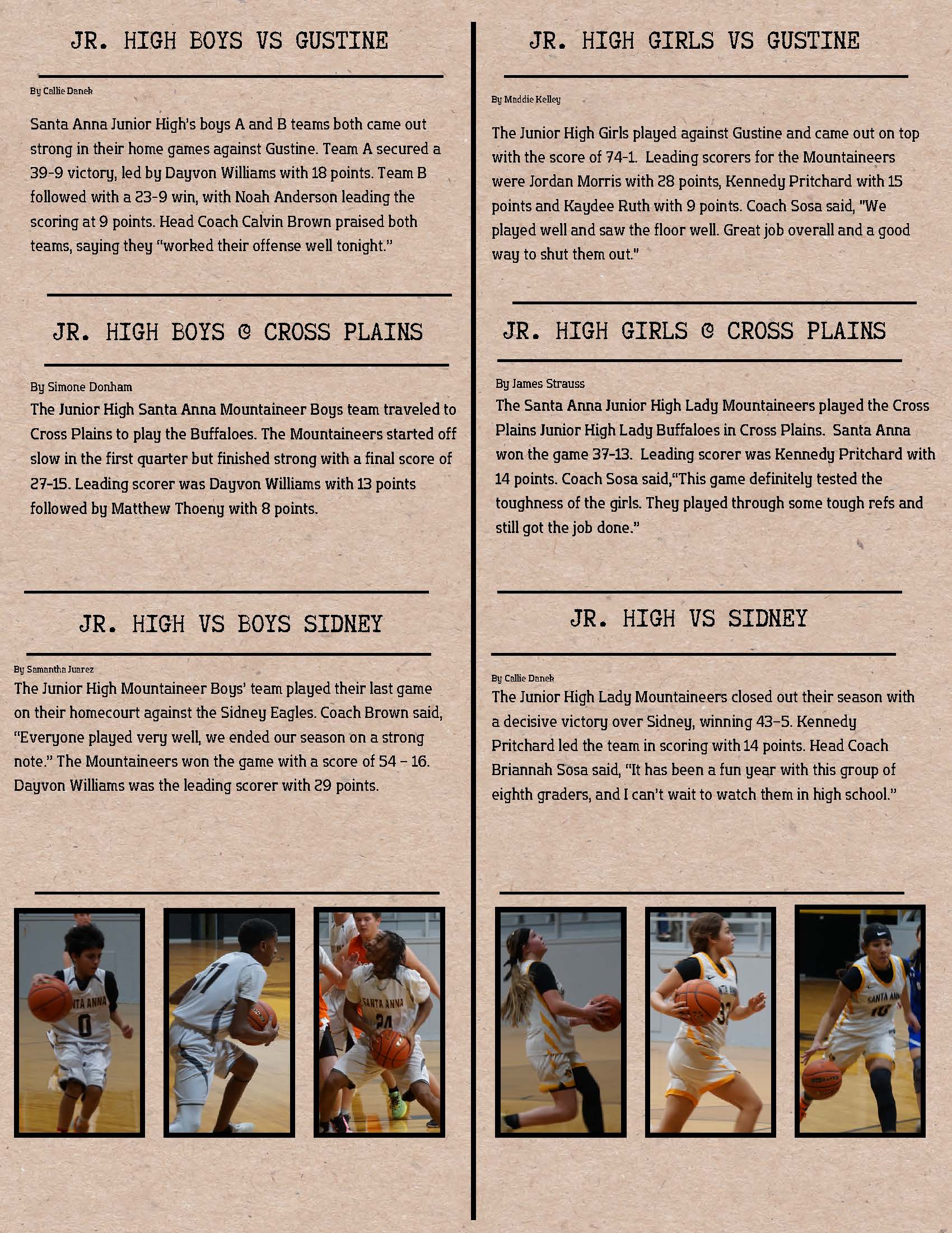 Three young male basketball players in Santa Anna uniforms are shown in action on a court.