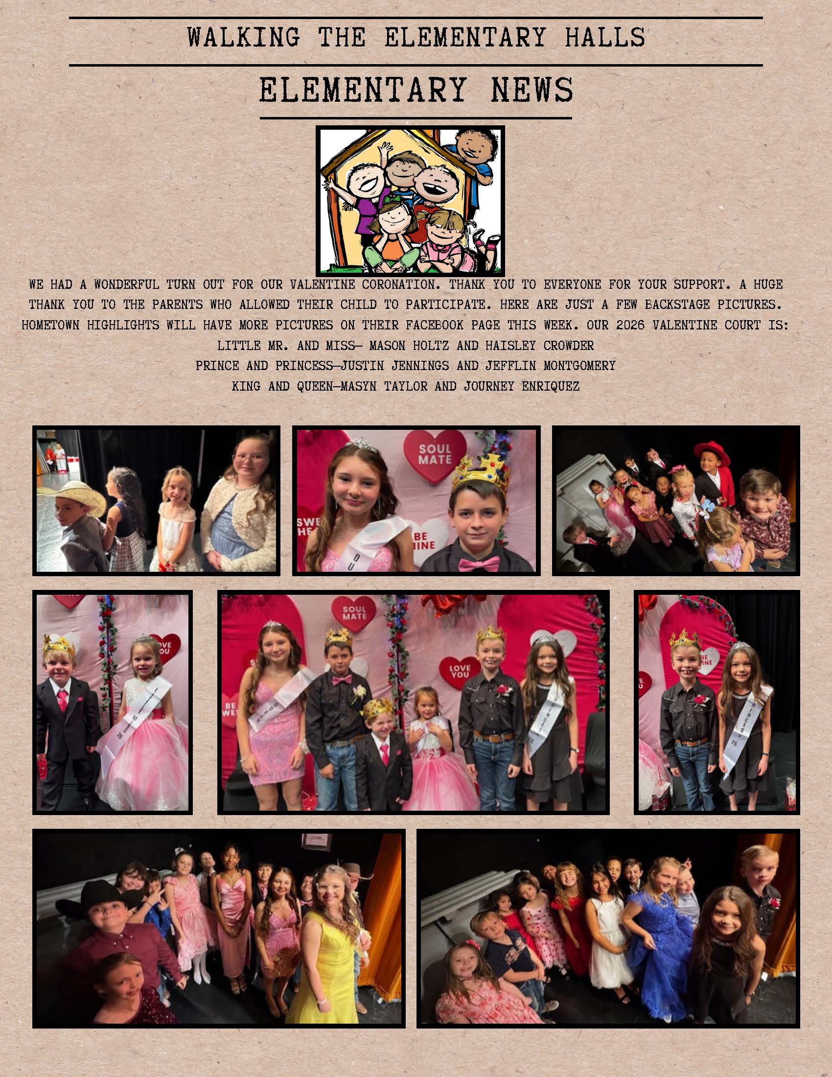 Children dressed in formal attire, some wearing crowns and sashes, pose for photos at a Valentine's Day event.