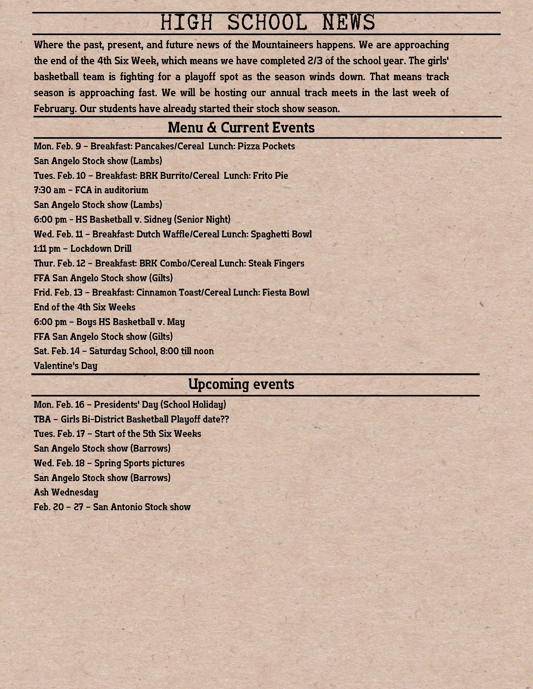 High School News bulletin board with upcoming events and menu for February.