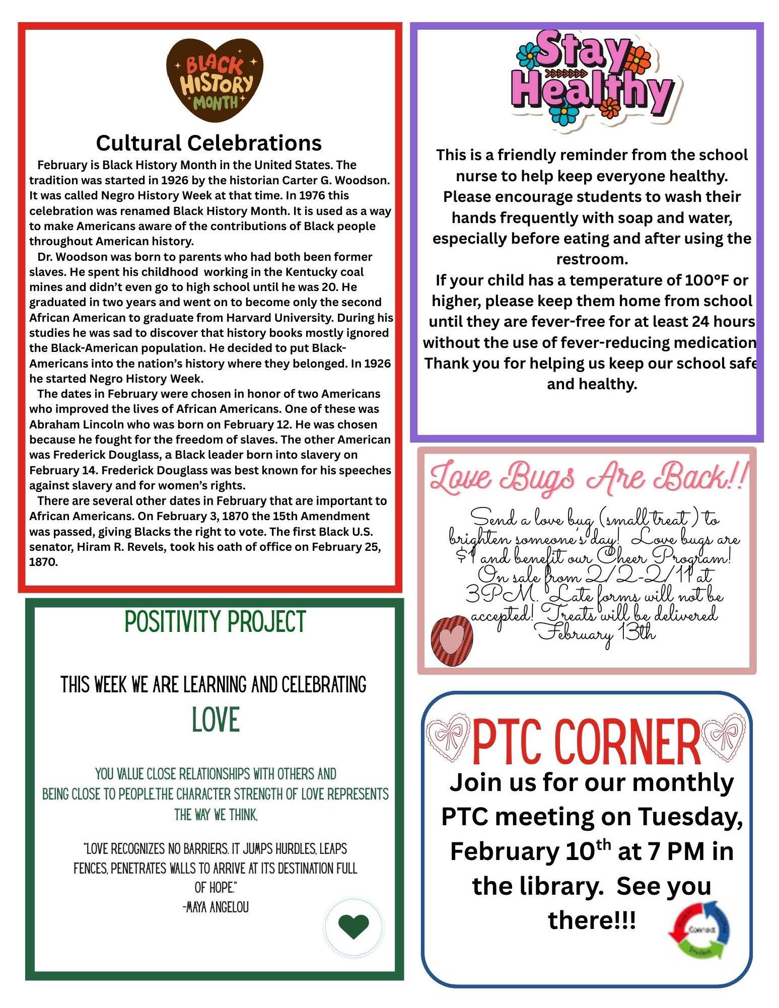 A flyer with sections on Black History Month, health reminders, a 'Love Bugs' sale, and a PTC meeting.
