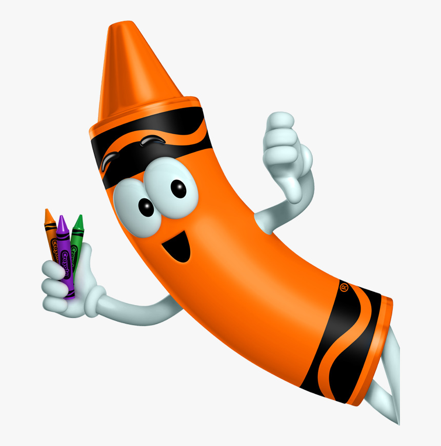 A cheerful orange crayon character holds a small bunch of crayons: purple, green, and orange.