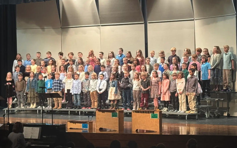 A large group of children stand on risers on a stage, dressed in various outfits, ready for a performance.