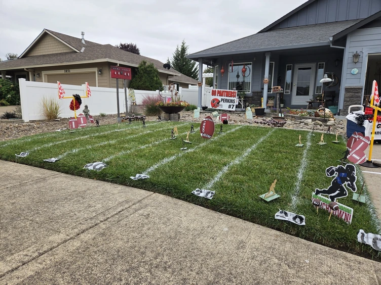 This house on Gwinn Street is made to look like Panther Stadium, with white yard lines, footballs and players neatly placed.